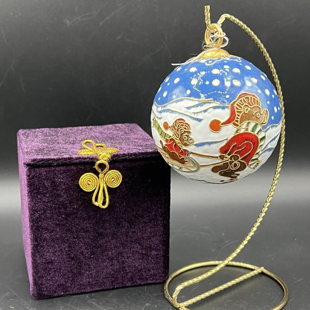 Cloisonne White Ornament Snowman & Bears Sledding Snow‎ 3.5" Raise Metal Enamel